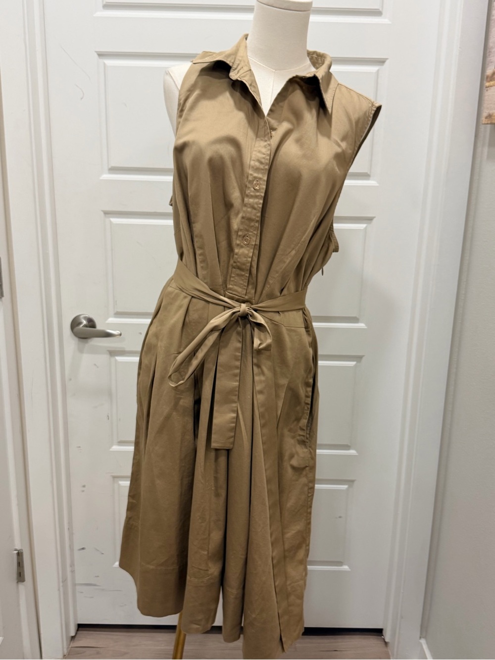 Talbots Sleeveless Safari Khaki Tan Midi Dress With with Tie Waist and Pockets - Picture 2 of 8